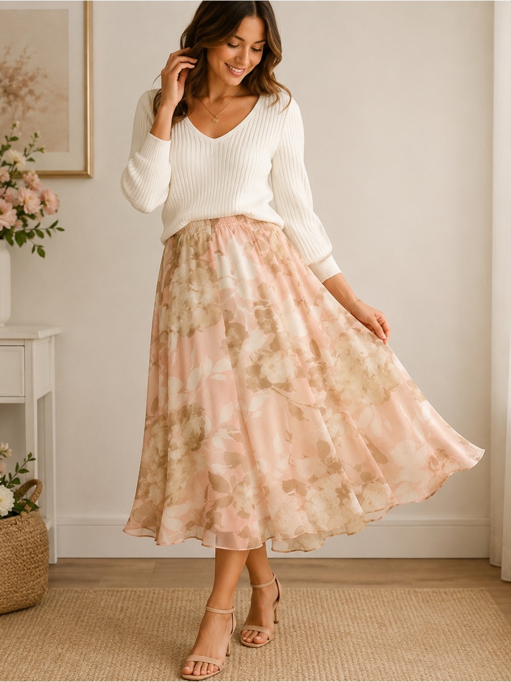 Ruby Rd Petites Blush Pink Floral Chiffon Midi Skirt Womens 12P Cottagecore
